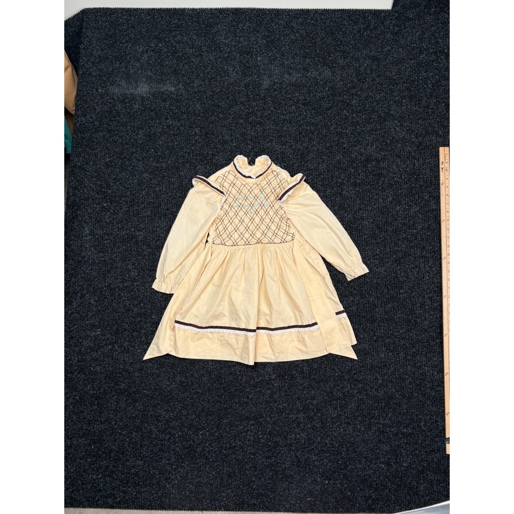 Vintage 70s Girls Prairie Dress Yellow Smocked Floral Embroidery Velvet Trim